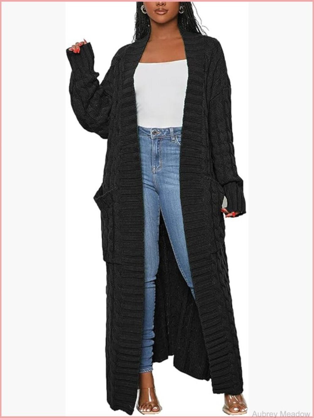 Loose Open Front Cable Knit Long Cardigan with Pockets